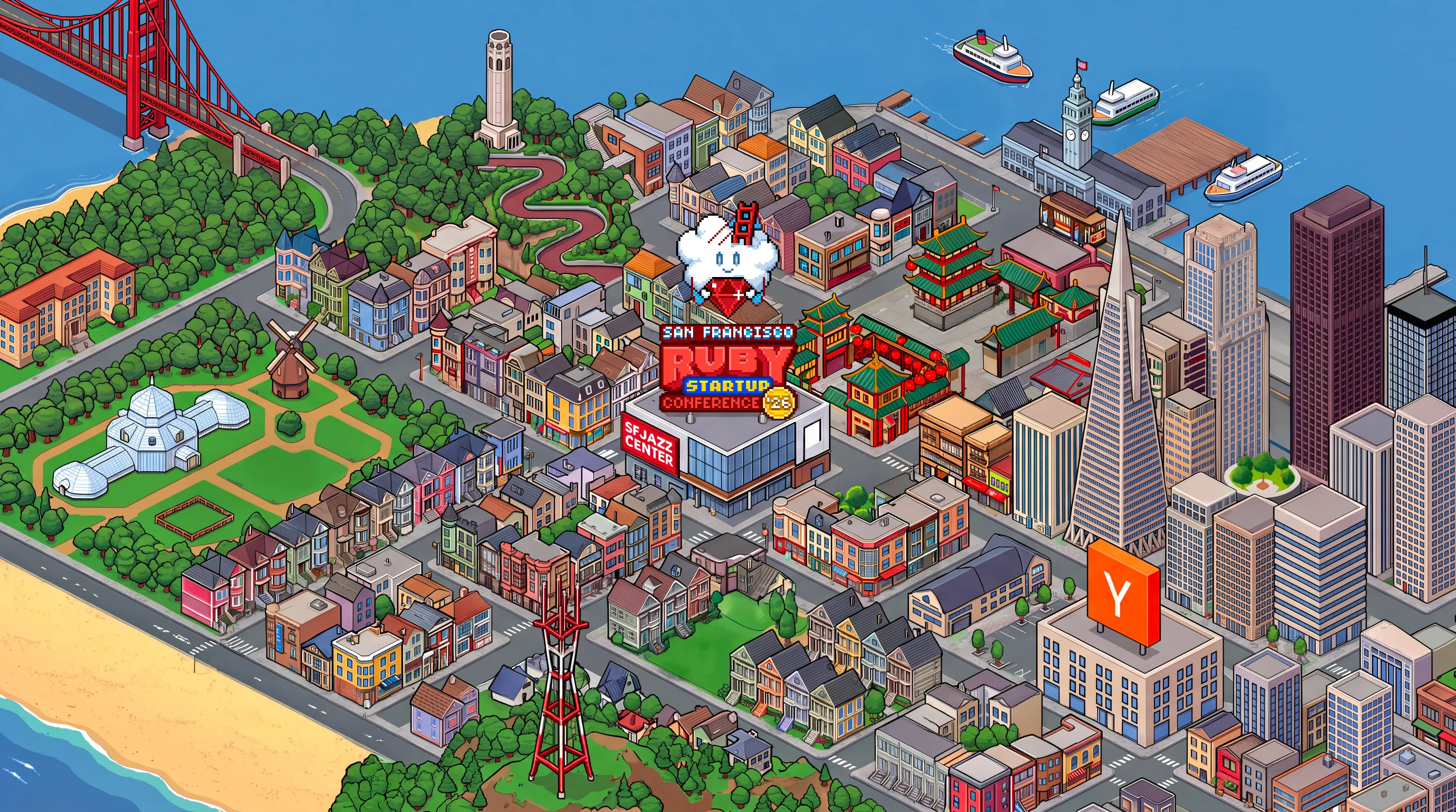 Isometric pixel-art map of San Francisco